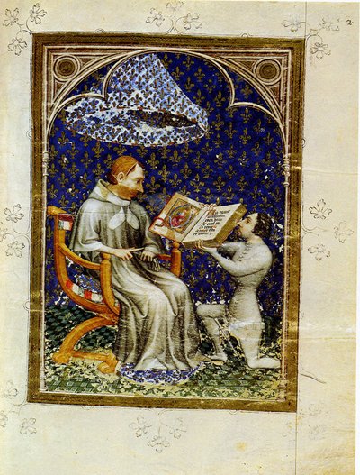 Jean de Vaudetarがフランスのシャルル5世に本の贈り物を贈る。ジャンドヴォデタールの聖書ヒストリーから、1372年 作： Jan Bondol