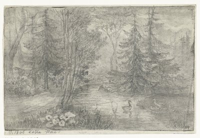 アヒルのいる森の池 作： Jan Bos Wz. (signed by artist)