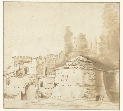 重い丸い塔を持つイタリアの建物 作： Jan Both (attributed to)