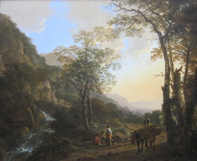 オランダ：休息する羊飼いのいる南部の山の風景 道行く旅人のいるイタリア風の風景 作： Jan両方