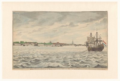 1785 年に道路から見たセイロンのコロンボの町。取り壊された教会と塔が再建されました。 (オブジェクトのタイトル) 作： Jan Brandes (signed by artist)