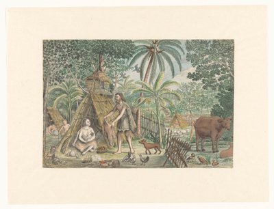 ユートピア的な村のシーンでのアダムとイブ 作： Jan Brandes