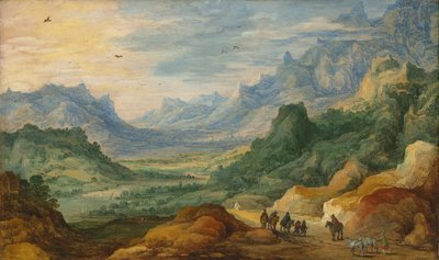 パスに旅行者や牧夫がいる山岳の風景 作： Jan Brueghel the Elder