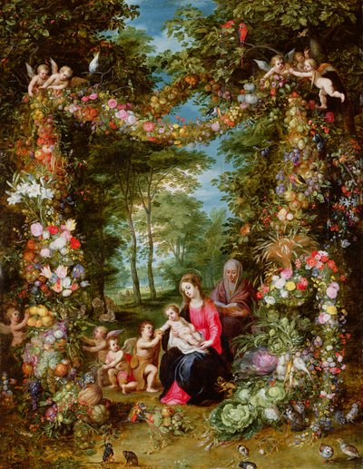 花と果実のガーランドに囲まれた聖母子と洗礼者聖ヨハネ、聖アンナと天使たち 作： Jan Brueghel the Elder
