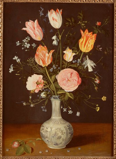 明後期の青と白の花瓶のチューリップ、バラ、ワスレナグサ、その他の花 作： Jan Brueghel the Elder