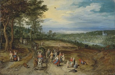 線路を行く旅人と手前で踊る農民のいる広大な森林風景／Landscape with Travellers and Peasants on a Track 作： Jan Brueghel the Elder