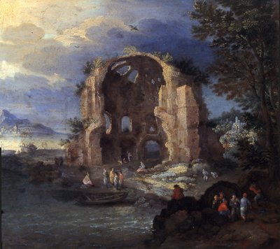 漁師とミネルバ・メディカ神殿跡のある海岸風景 作： Jan Brueghel the Elder