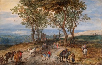 「人物のある田舎道の風景：神社で祈る男」、c1610 作： Jan Brueghel the Elder