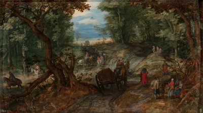 小川を渡る荷車と騎手のいる森 作： Jan Brueghel the Elder