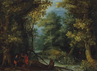 森林地帯の小川のほとりで猟犬を連れた猟師たち 作： Jan Brueghel the Elder