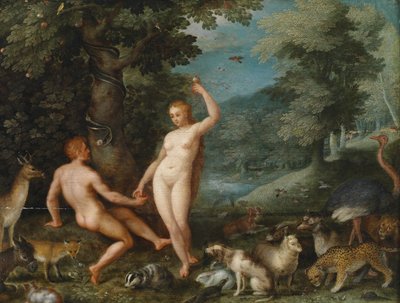 イブの誘惑するアダムのいる楽園の風景 作： Jan Brueghel the Younger