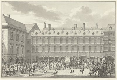 1786年、ビネンホフのシュタッドハウダースポールトを通り抜けるドルドレヒトの代議士たちの混乱 作： Jan Bulthuis