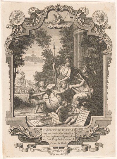 ギリシアの歴史に関する寓話のあるカルトゥーシュ タイトルページ: Kornelis Westerbaen、Algemeene histori、1742 作： Jan Caspar Philips