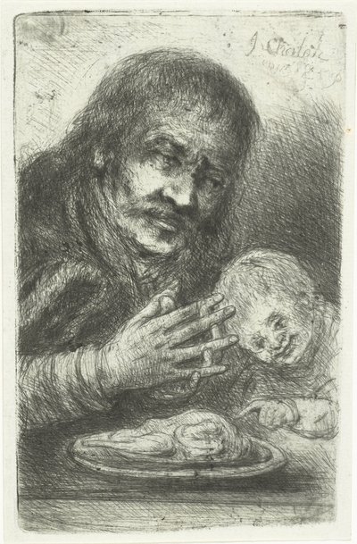 ダイニングテーブルの男性と子供 作： Jan Chalon