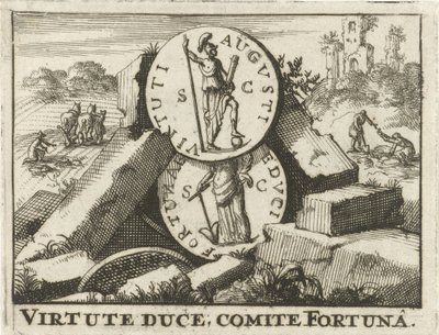 石の山の上に置かれたローマの硬貨 Virtute Duce、Comite Fortuna (オブジェクトのタイトル) 作： Jan Claesz ten Hoorn