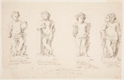 ドローイング、彫像のためのプロジェクト："知恵"。"不変""雄弁""変装したキューピッド", 1726年 作： Jan Claudius de Cock