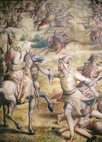 1535年のチャールズ皇帝V 1500-58のチュニスでのトルコ人に対するキャンペーン：ゴレッタの捕獲、体のない頭を抱えた歩兵の詳細、タペストリーの木炭の漫画、トイレの紙 作： Jan Cornelisz Vermeyen