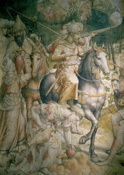 1535年のチュニスでのトルコ人に対するチャールズ5世皇帝のキャンペーン：ゴレッタの戦いでのトルコ人の敗北、喉の渇きを癒す騎兵の詳細、タペストリー用の漫画とトイレ 作： Jan Cornelisz Vermeyen