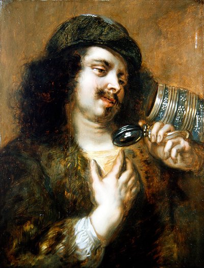 タンカードで酒を飲む青年（油彩・パネル） 作： Jan Cossiers