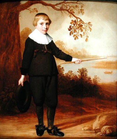 川の風景の中の7歳の少年の肖像画、1640年 作： Jan Damen Cool