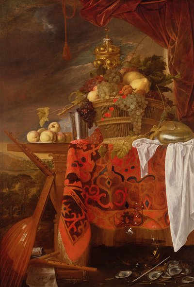 プレートにギルトカップ、シルバーチャリス、ノーチラス、グラス、桃を混ぜたフルーツバスケット 作： Jan Davidsz de Heem