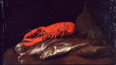 テーブルの上のロブスターと魚の静物画 作： Jan Davidsz de Heem