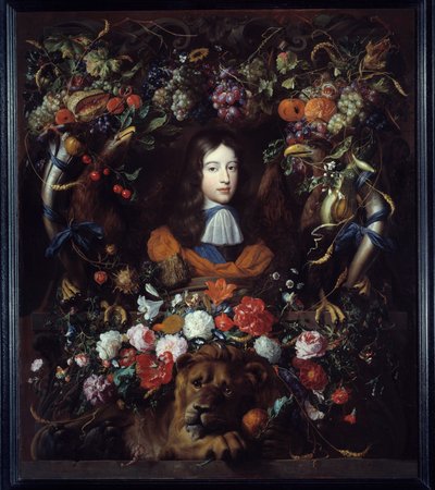 花のメダイヨンの中のオレンジ公国ウィリアム3世（1650-1702）の肖像 ヤン・ダヴィッド・ヘム（1606-1684）による絵画 1665年 日。1,34x1,14 m リヨン、ミュゼ・デ・ボザール 作： Jan Davidsz de Heem