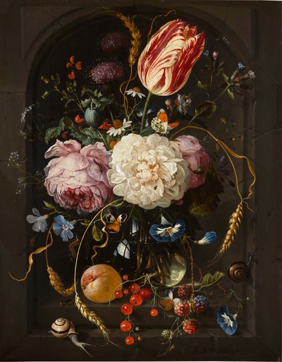 ガラスの花瓶に入った花と、石のニッチに入った昆虫と果物の静物 作： ヤン・ダヴィッツデ・ヘーム