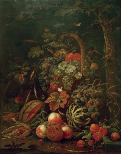 樫の木の上のフルーツバスケット、カボチャ、メロン、桃のある静物画 作： Jan Davidsz de Heem