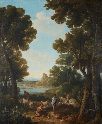 羊飼いと騎手のいる古典的な風景（キャンバスに油彩） 作： Jan Frans van Bloemen
