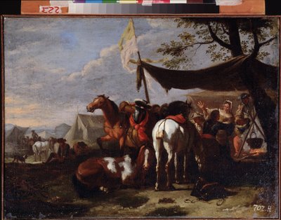 「キャンプの騎兵のグループ」（騎兵キャンプ）ヤン・フランス・ファン・ブローメン（1662-1749）による絵画18世紀極東美術館、ハバロフスクロシア 作： Jan Frans van Bloemen