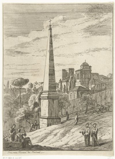 オベリスクと街の景色を望むイタリア風の風景 作： Jan Frans van Bloemen