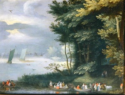 手漕ぎボートに乗る人々と湖の岸辺（油彩・キャンバス） 作： Jan Frans van Bredael