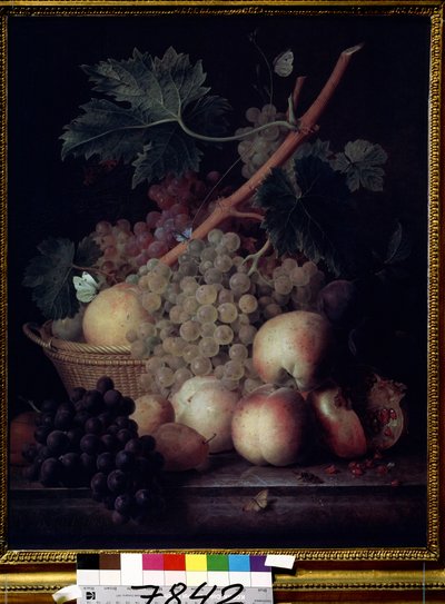 ""果物"" 桃、ブドウ、ナシ、ザクロの静物と蝶とハチ。 Jean Francois van Dael (1764-1840) の絵画 1808年 プーシキン美術館、モスクワ 作： Jan Frans van Dael