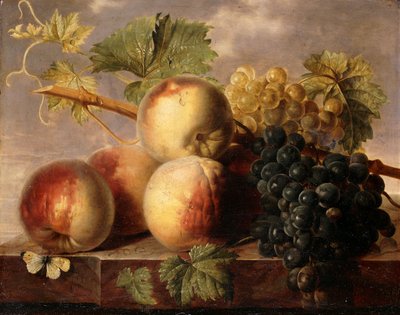 大理石の棚にキャベツホワイトの桃とブドウ 作： Jan Frans van Dael