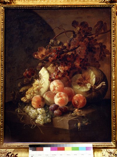 桃のある静物。 Jan Frans van Son (1658-1718) の絵画。 キャンバスに油彩、77 x 64 cm 作： Jan Frans van Son
