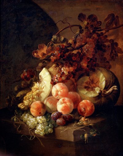 17世紀後半または18世紀初頭の桃のある静物。 作： Jan Frans van Son