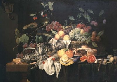 ピューター製フラゴン、ミンスパイとフルーツのある静物画 作： Jan Frans van Son