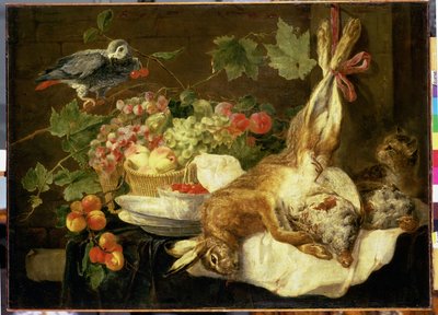 野ウサギ、果物とオウムのある静物、1647 作： Jan Fyt