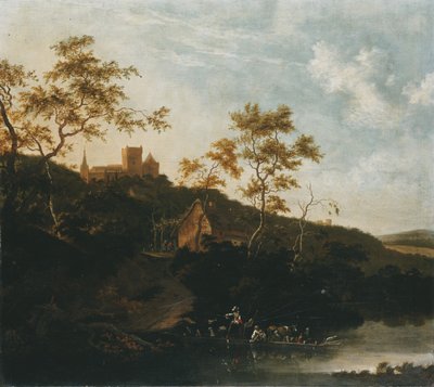 向こうの城の下にある居酒屋、フェリーで乗馬をする紳士と農民のいる川の風景 作： Jan Gabrielsz. Sonje