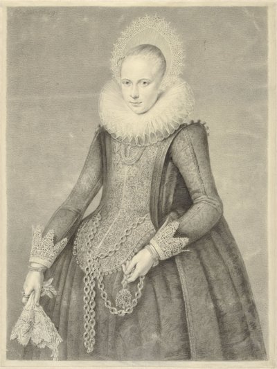 手袋をはめた女性のポートレートと、ベゾアール石 (?) のホルダーが付いたネックレス 作： Jan Gerard Waldorp