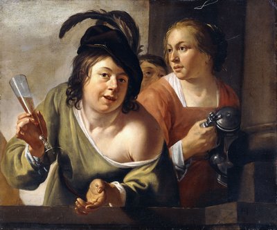 若いトッパーとバルコニーで飲むサービングのメイド、 作： Jan Gerritsz. van Bronckhorst