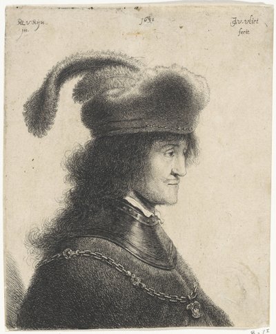 襟付きの男性の胸像と羽付きの帽子 (George Rakaczy I) 作： Jan Gillisz. van Vliet