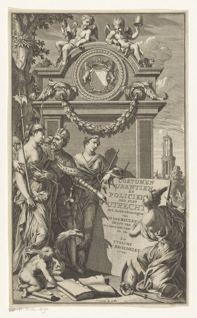 正義はユトレヒトの法律を教える Costumen Usantien en Policien der stad Utrecht (オブジェクトのタイトル) Willem Van der Meulen のタイトル ページ、コスチューム、usantien、policien ende スタイルの訴訟、der stadt ユトレヒト、1709 年 作： Jan Goeree