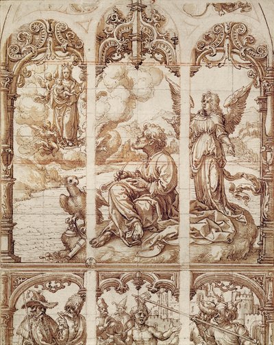 パトモス島でビジョンを受け取った伝道者聖ヨハネ（紙で洗ってください） 作： Jan Gossaert