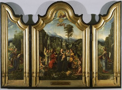 聖カタリナと聖バーバラの三連祭壇を持つ聖家族c。 1505 作： Jan Gossaert
