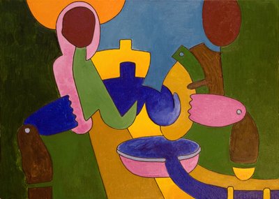 夕食の準備をしている農民のカップル、2007年（キャンバスに油彩） 作： Jan Groneberg