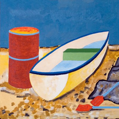 ボートと樽、2005年（木に油彩） 作： Jan Groneberg