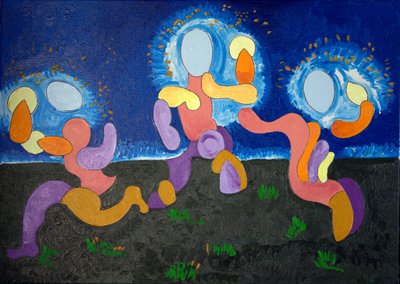 6月の暖かい夜、トログロダイトは火を祝う、2009年（キャンバスに油彩） 作： Jan Groneberg
