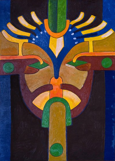 聖域での私の初期の祖先の一人としての自画像、2007年（木に油彩） 作： Jan Groneberg